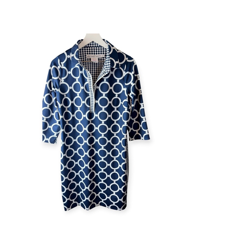 Gretchen Scott Navy White Geometric Circle Print Shift Dress 3/4 Sleeve Large